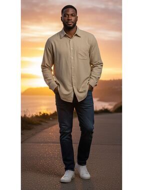 Zanzara 17 32/33 Shirt XL Dark Sand Beige Herringbone Cotton LS - Flaw